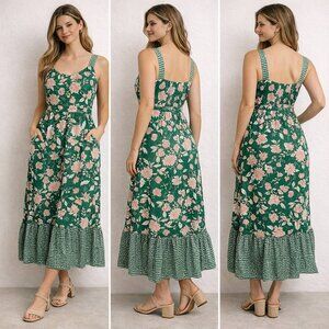 Mila Mae Green Peach Floral Sleeveless Dress Ruffle Hem Size L